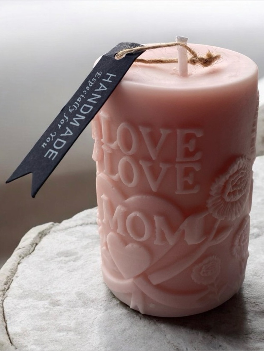 Handmade Pink 'Love Mom' Decorative Pillar Candle.